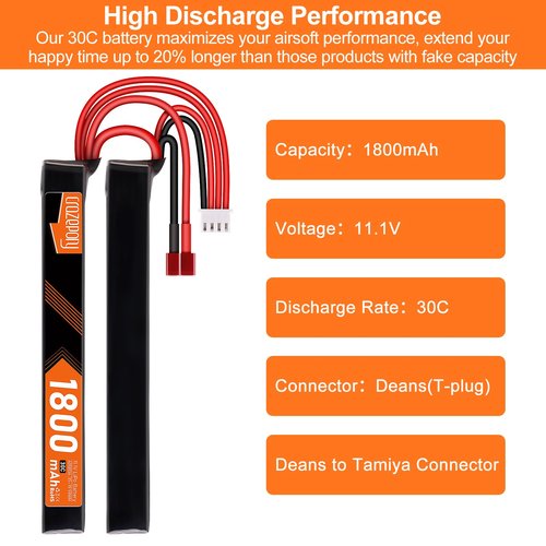 Crazepony Airsoft Battery 11.1V Rechargeable 3S LiPo 1800mAh 30C Nunchuck Split Pack Battery with T Plug to Mini Tamiya Cable for Airsoft Model Guns Rifle