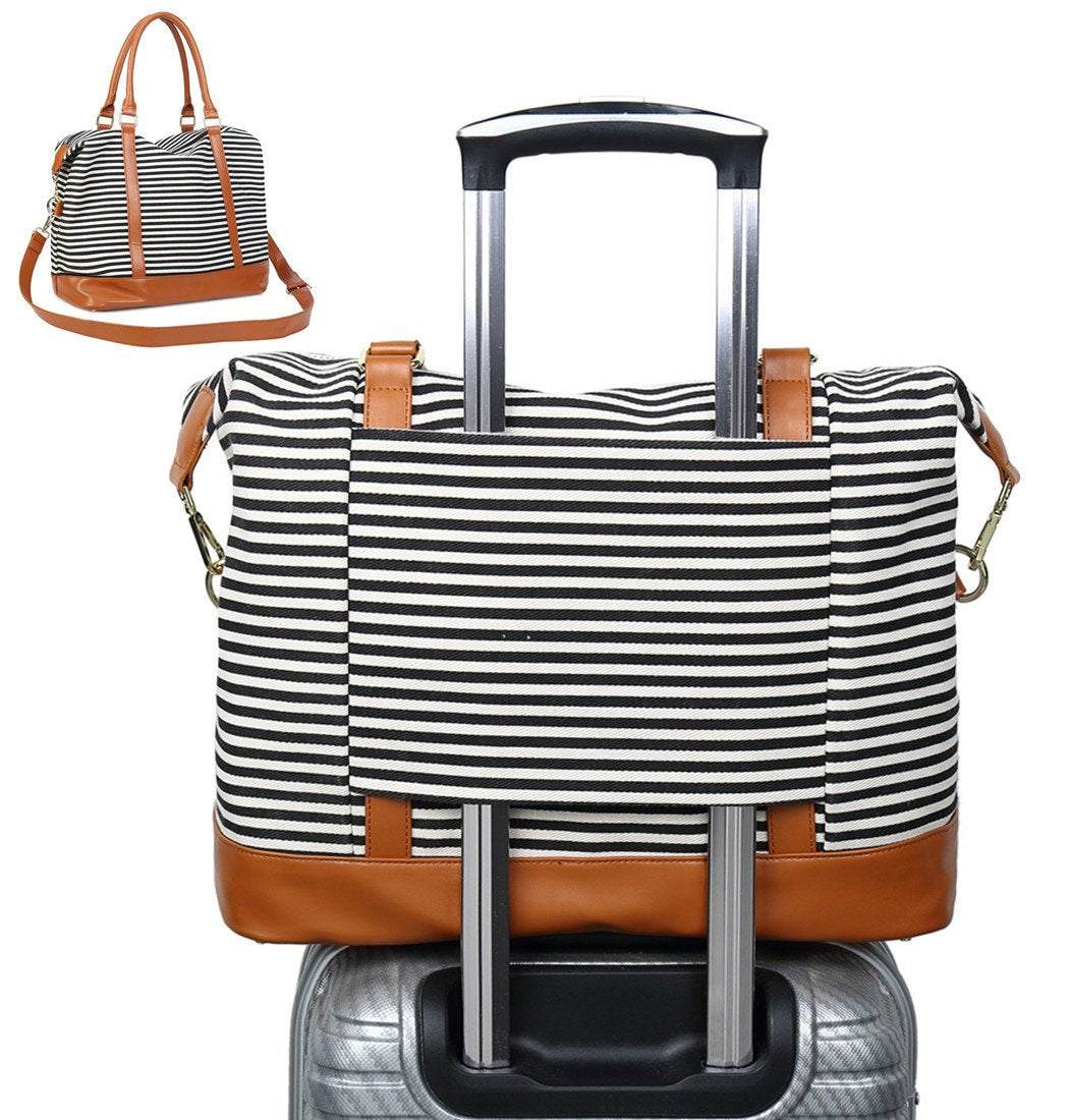 CAMTOP Women Ladies Travel Bag Canvas Weekend Overnight Carry On Luggage Bags(Black and White Stripe)