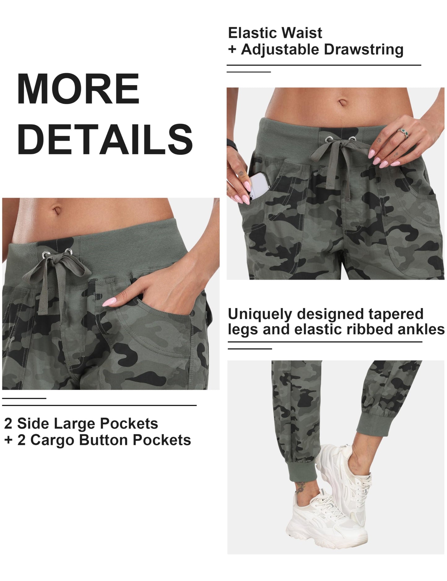 MoFiz Women Cargo Pants with Pockets Lightweight Outdoor Summer Travel Casual Hiking Pants Running Joggers Sweatpants Elastic Waist Camouflage Green XS