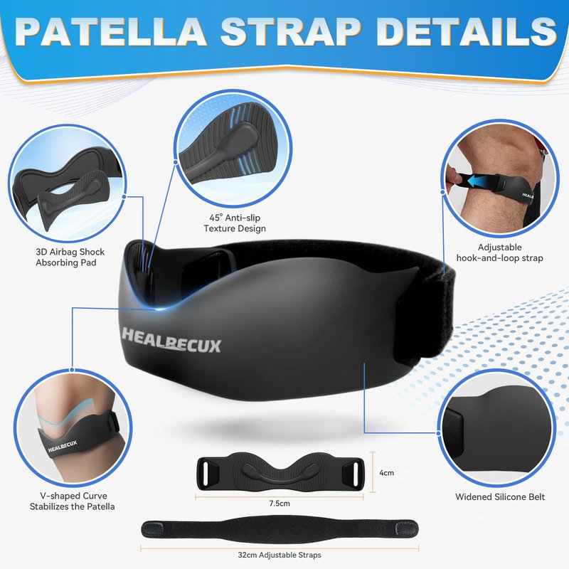 Healrecux Silicone Patellar Tendon Support Strap, Adjustable Non-Slip Patella Band Stabilizer Knee Brace for Jumpers Knee, Tendonitis, Basketball, Volleyball, Squats, Black