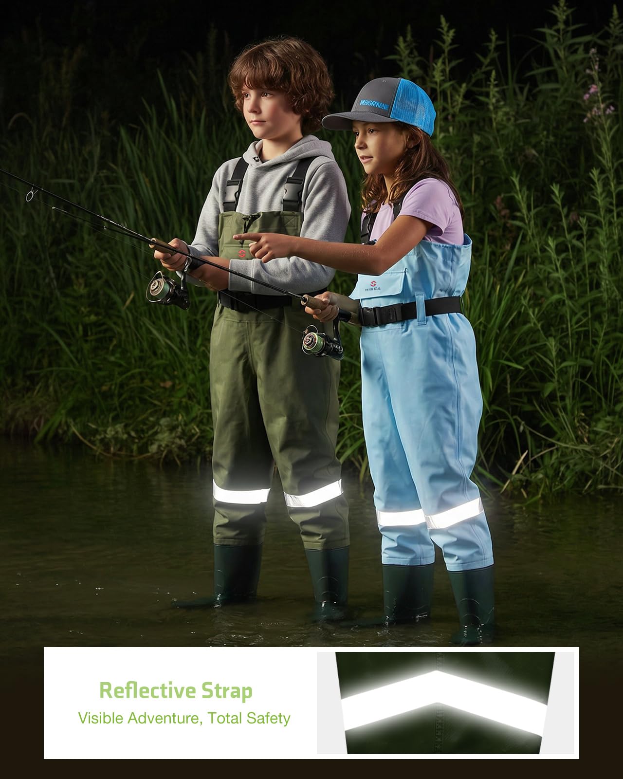 HISEA Kids Chest Waders Nylon/PVC Youth Fishing Waders for Toddler & Children Waterproof Hunting Waders with Boots & Reflect Safety Band