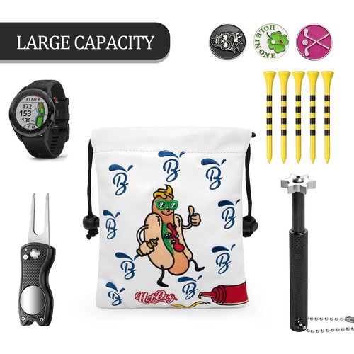BAIRBRE Golf Valuables Pouch,Hot Dog Golf Pouch Bag with Drawstrings Leather Golf Tee Bag for Men Women