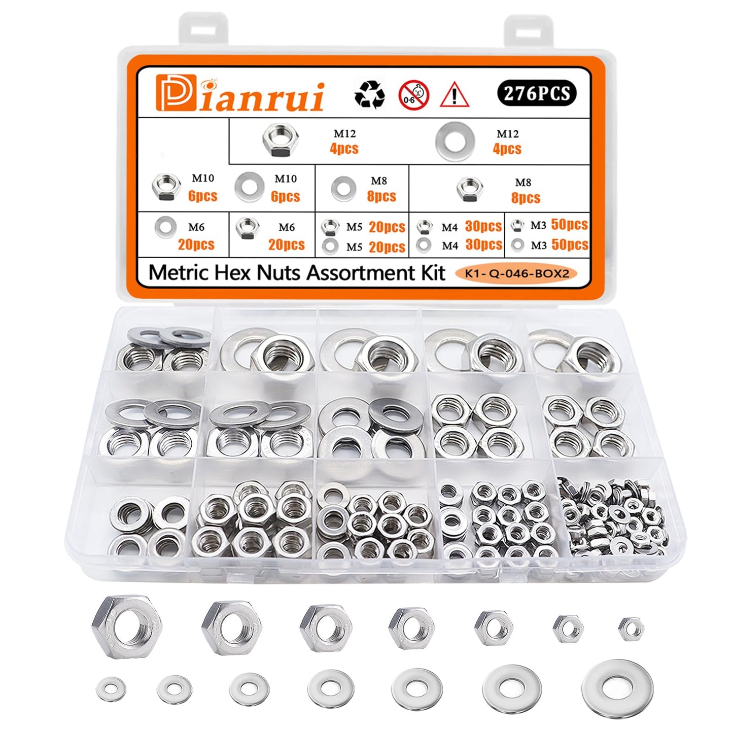 Dianrui 276 PCS Metric Hex Nut and Washer Assortment Kit, 7 Size Nuts and Washer Set (M3 M4 M5 M6 M8 M10 M12) 304 Stainless Steel Hardware Hex Nuts for Screw Bolt