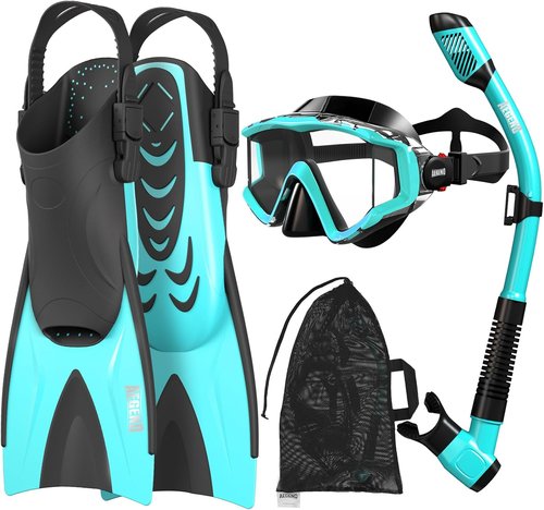 Aegend Snorkeling Gear Set - Anti-Fog Panoramic Mask, Adjustable Fins & Dry Top Snorkel | All-in-One for Adults