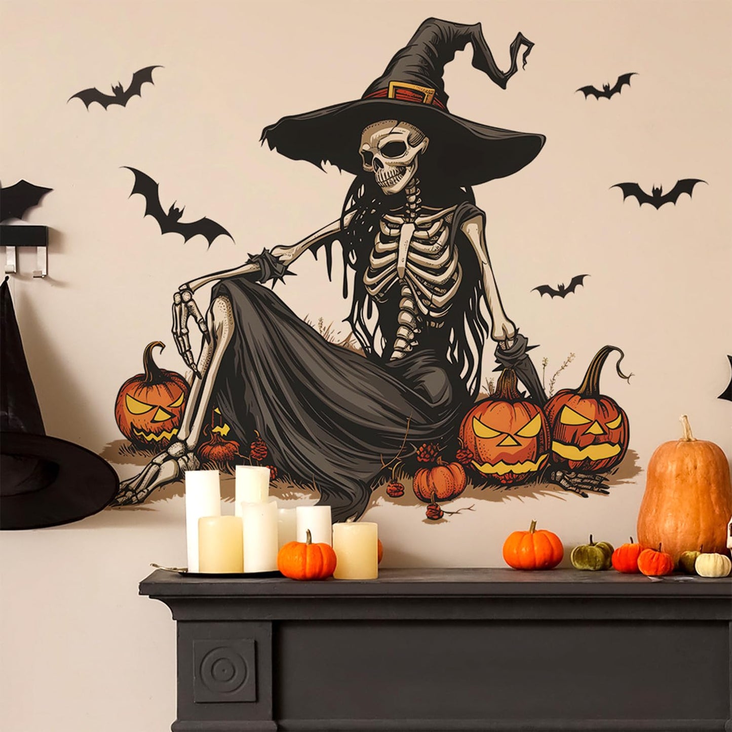 Horror Halloween Witch Skeleton Wall Stickers Decals Evil Bat Pumpkin Wall Clings Decoration for Halloween Party Home Office Classroom Wall DIY Wall Art Stickers Supplies