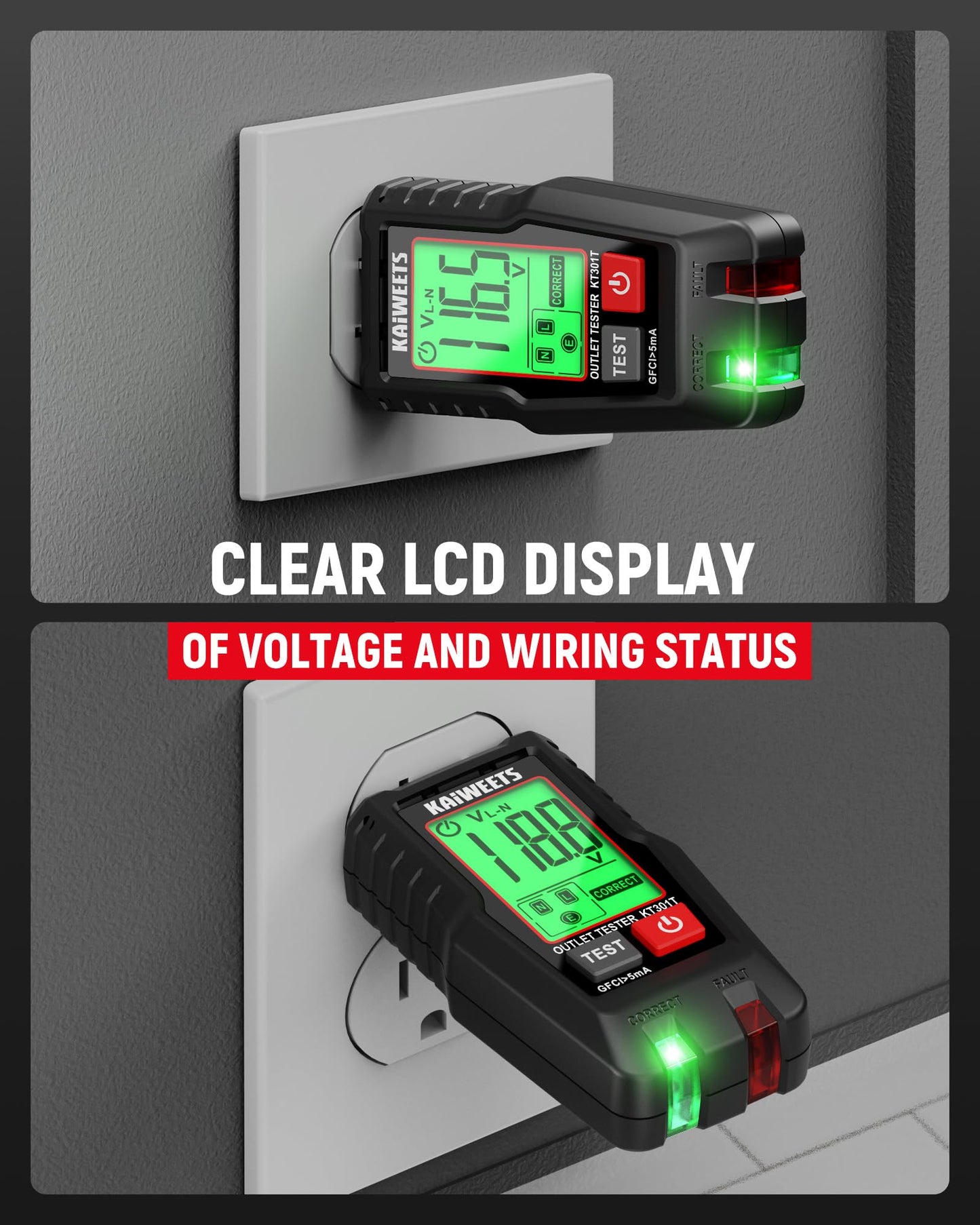 KAIWEETS GFCI Outlet Tester with LCD Display, 3-Prong Receptacle Wiring Detector, Voltage Socket Checker, Auto Hold, Electrical Diagnostic Tool for 120V AC Home Outlets