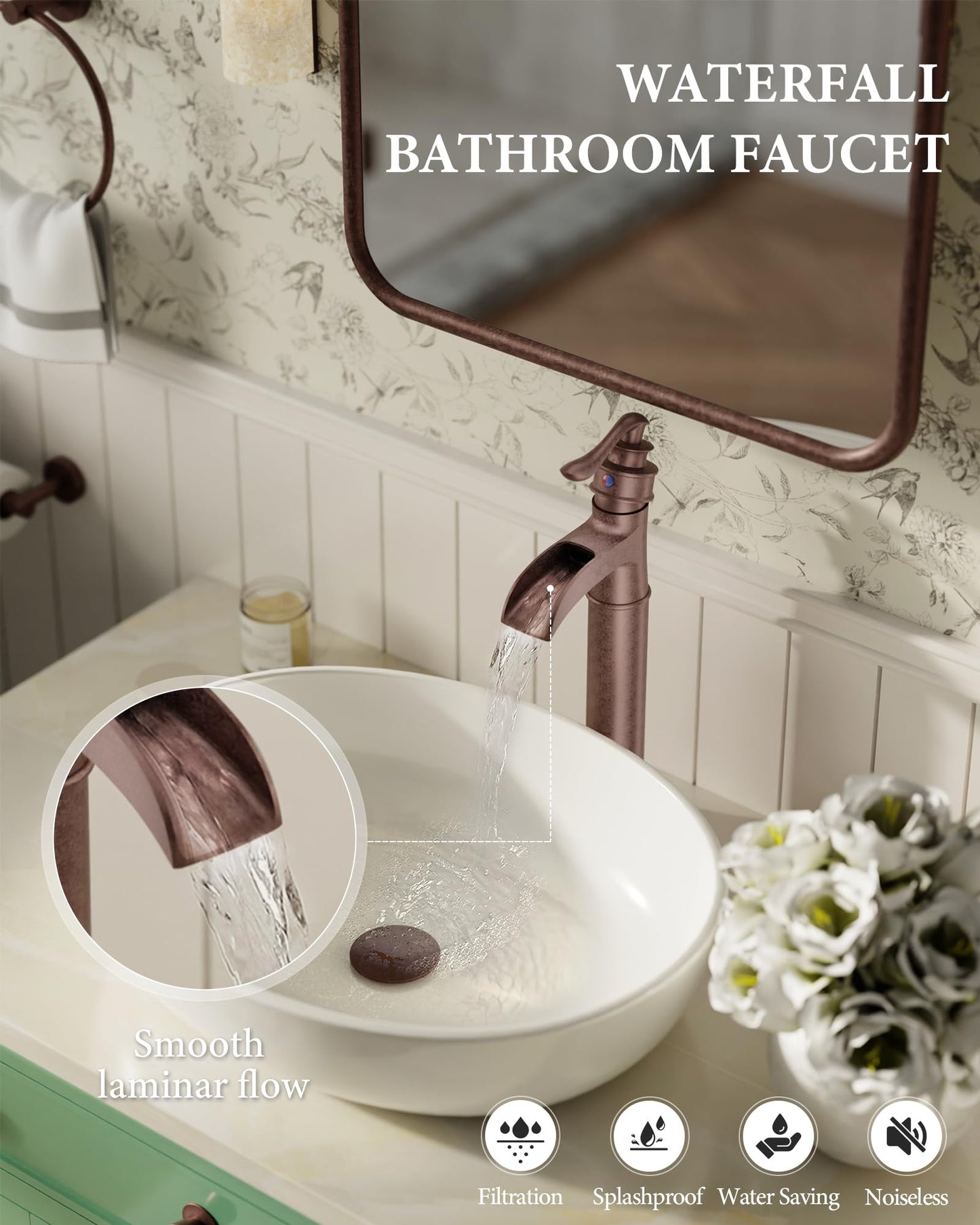 Vessel Sink Faucet Copper Tall Bathroom Faucets Waterfall Single Handle 1 Hole Farmhouse Antique with Pop up Drain Assembly and Supply Lines Mixer Tap Without Overflow Counter Top