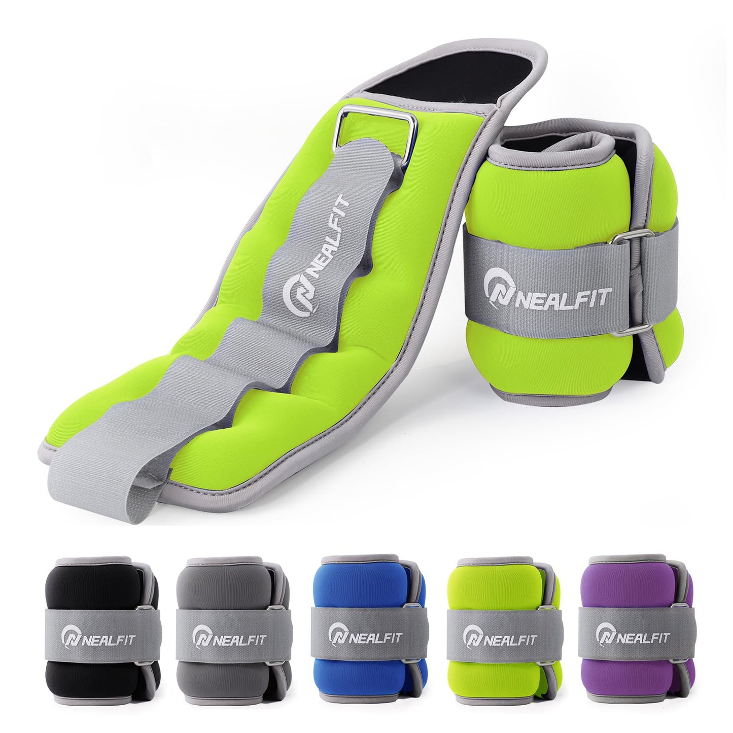 NEALFIT Ankle Weights 1/2/3/4/6/10 LBS for Men Women Kids, Leg Arm Wrist Weights with Adjustable Strap for Running, Aerobics, Strength Training, Physical Therapy, Fitness (Green, 1 lb x 2 (2LB Pair))