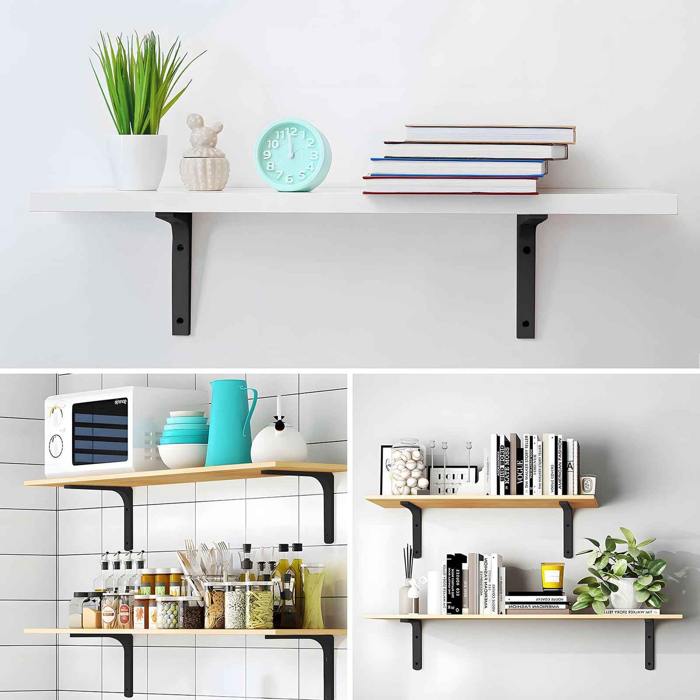 AISINYI 10" x 8" Metal Shelf Brackets, Heavy Duty L Hanging Angle Brackets, Iron Wall Bracket for Countertop Support, Corner Brace Joint, Black, 4 PCS