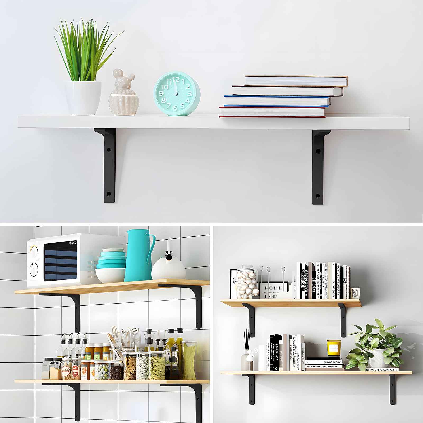 AISINYI 10" x 8" Metal Shelf Brackets, Heavy Duty L Hanging Angle Brackets, Iron Wall Bracket for Countertop Support, Corner Brace Joint, Black, 4 PCS