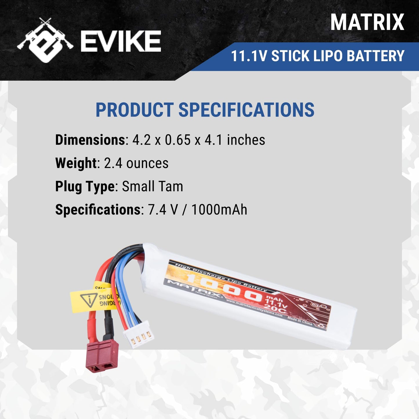 Evike Airsoft - Matrix High Performance 7.4V Stick Type Airsoft LiPo Battery (Model: 1000mAh / 20C / T-Plug & Short Wire)