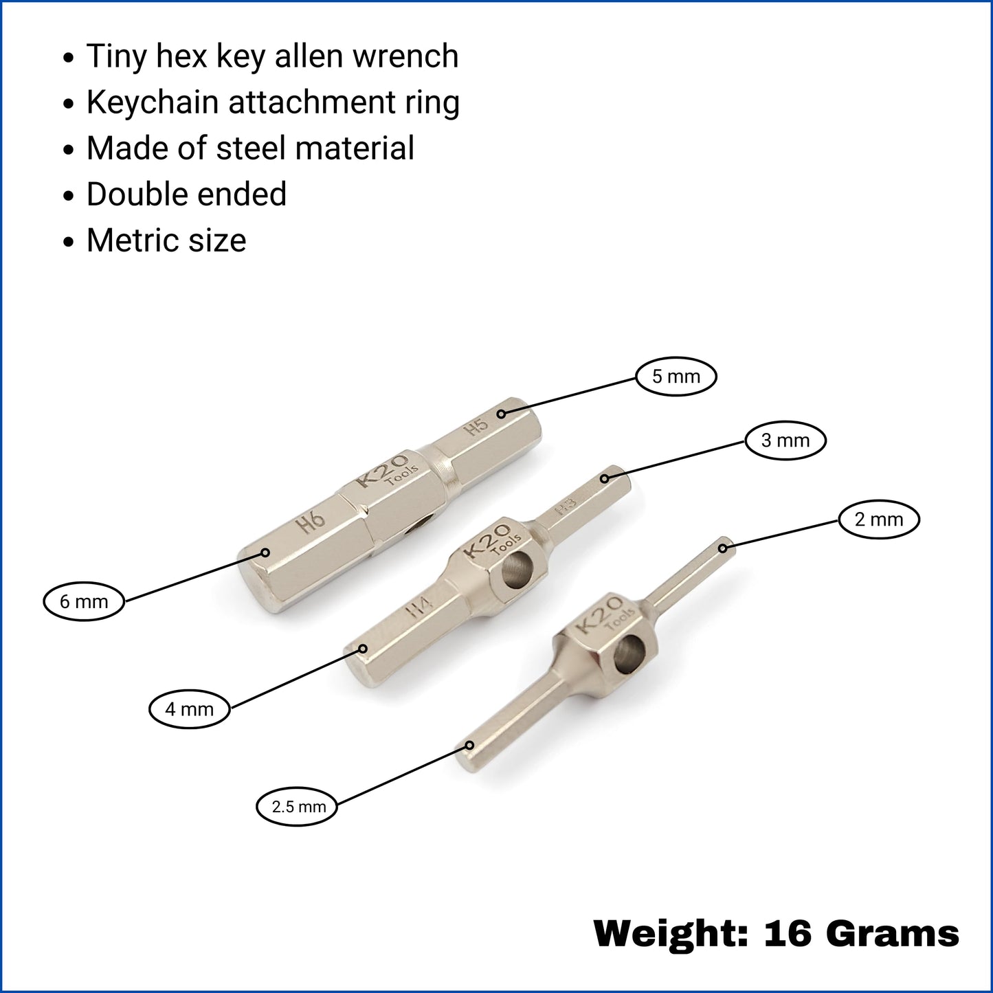 K20 TOOLS - Keychain Hex Key Allen Wrench Multi-Tool Set - Metric 2, 2.5, 3, 4, 5, 6 mm