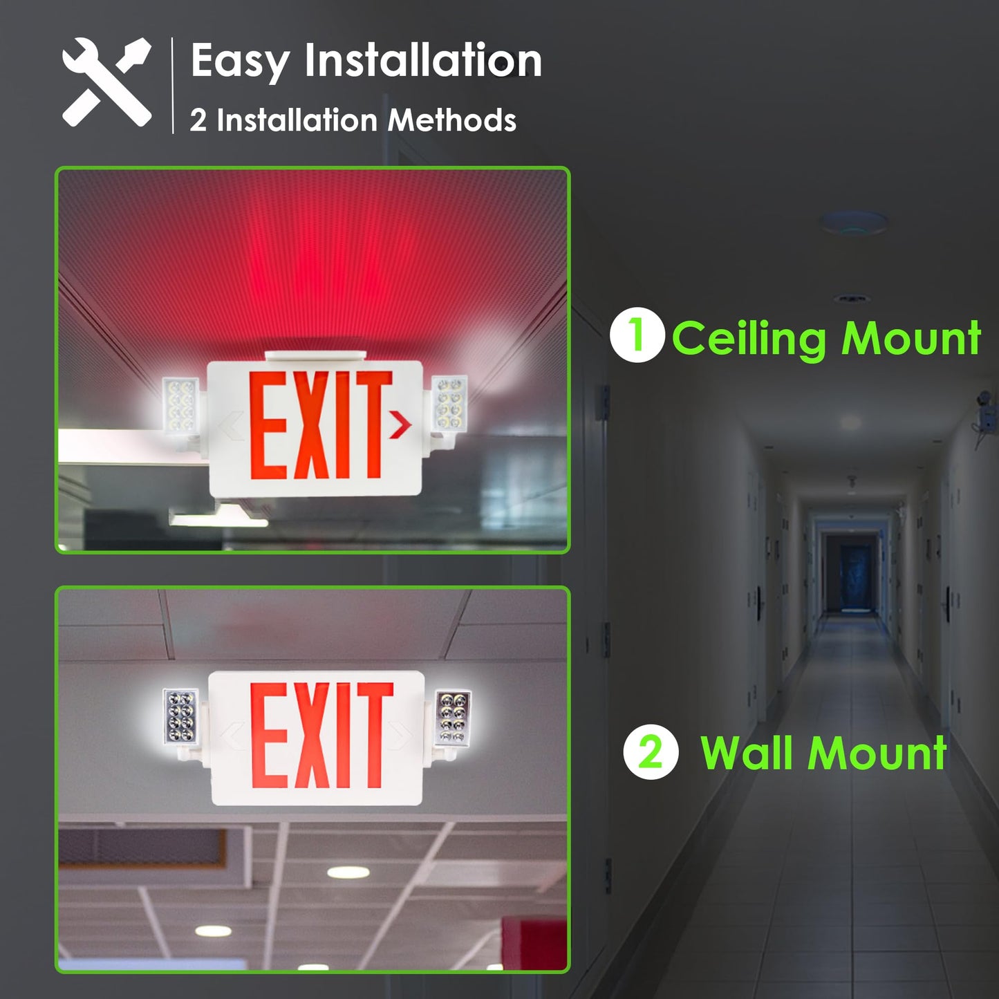 Gruenlich Exit Sign with Emergency Light, Double Face, Battery Backup