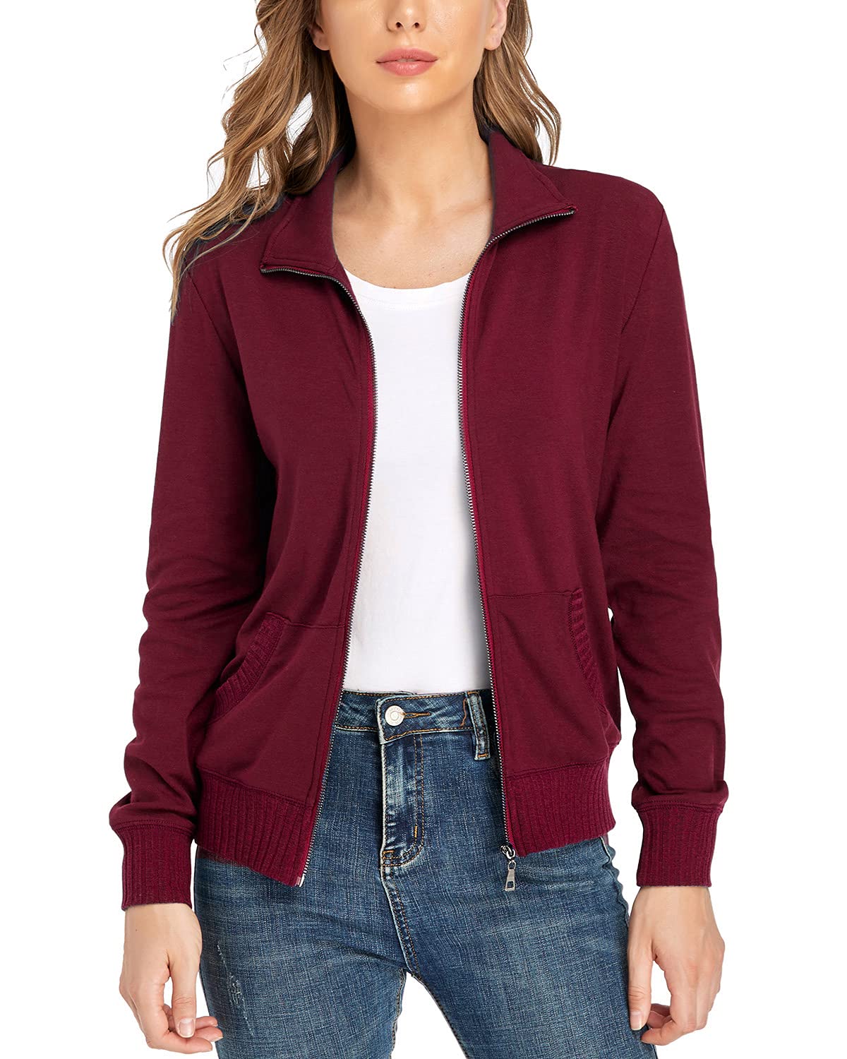 andy & natalie Women's Zip up Jackets Sweatshirts Jacket Stand Collar Jacket with Pockets