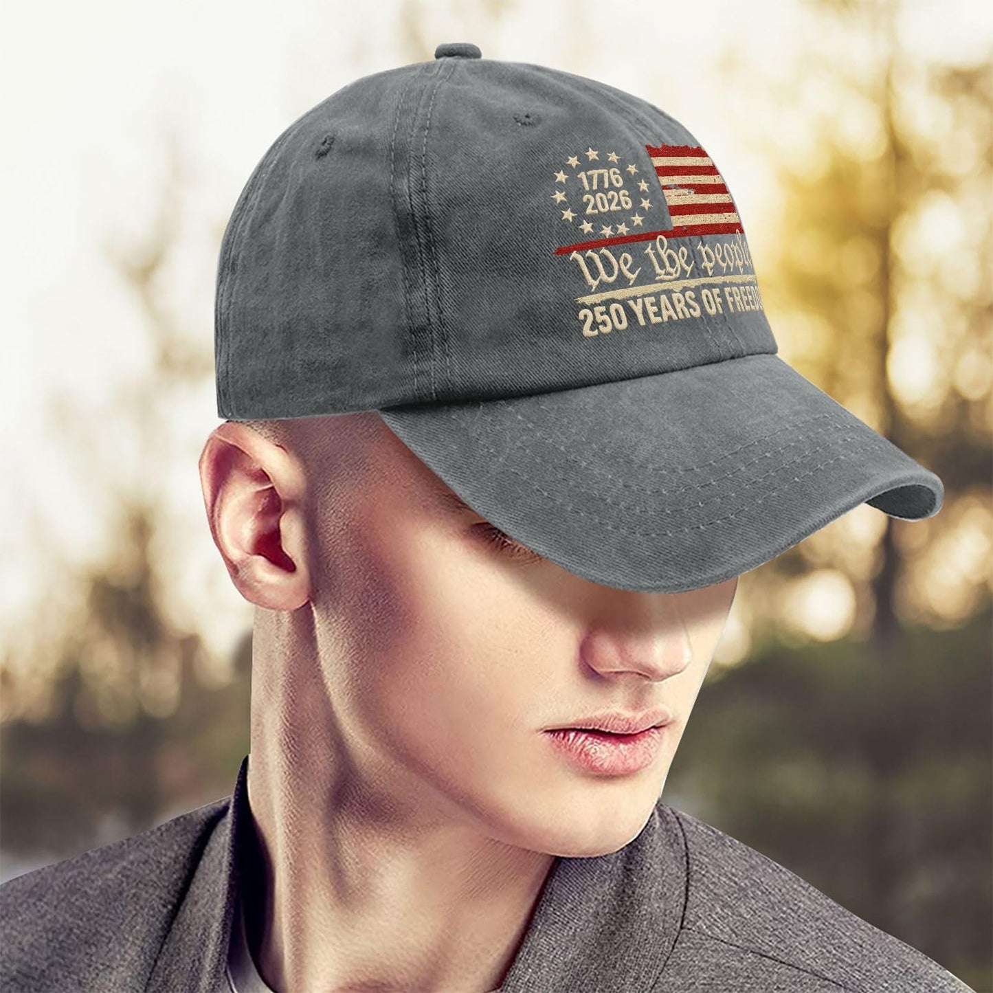 U.S. 250th Anniversary Embroidered Baseball Cap – 250 Years of Freedom 1776-2026 Patriotic Hat in Gray