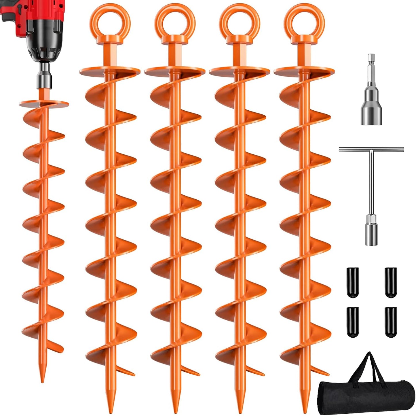 Phopich Ground Anchor Screws - Heavy-Duty 4 Pack Spiral Anchors for Trampolines & Tents | Orange