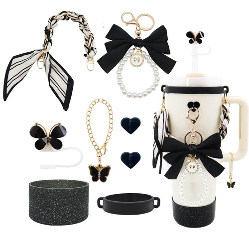 Stanley Cup Accessories Set for 40oz & 30oz Tumbler including Water Bottle Handle Strap、Bow Keychain、Cup Ring、Bling Silicone Boots、Butterfly Straw Topper、Charm Chain Accessories for Stanley Cup(Black)