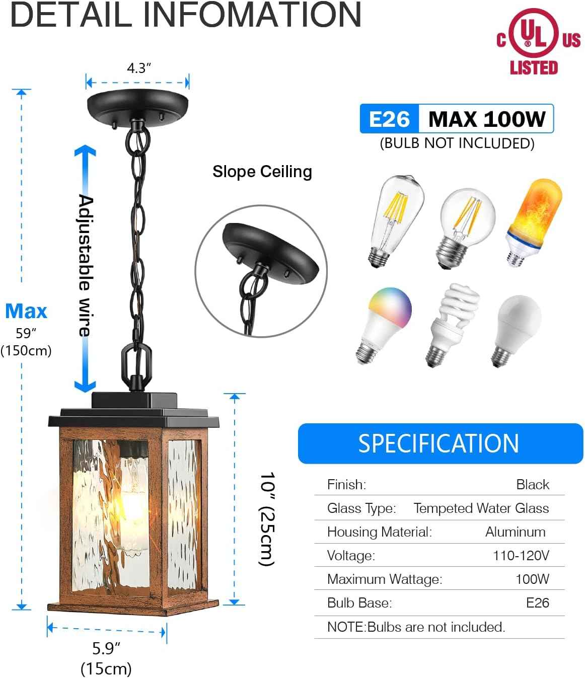 Outdoor Pendant Light - Oil Rubbed Bronze Chandelier for Porch & Patio, Adjustable Chain
