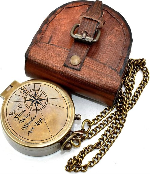 Engraved Brass Pocket Compass with Leather Case & Chain – “Not All Those Who Wander are Lost” – Vintage Navigation Compass Gift for Hiking, Graduation, Husband, or Son