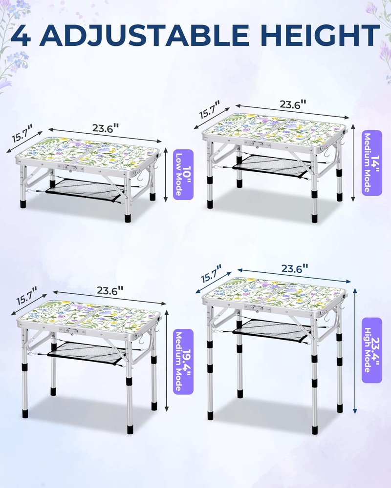 Sportneer Camping Table:Small Folding Table Portable Table 23.6" L X 15.7" W 4 Height with Mesh Layer- Adjustable Height Outdoor Table for Hiking Travel Picnic BBQ Cooking
