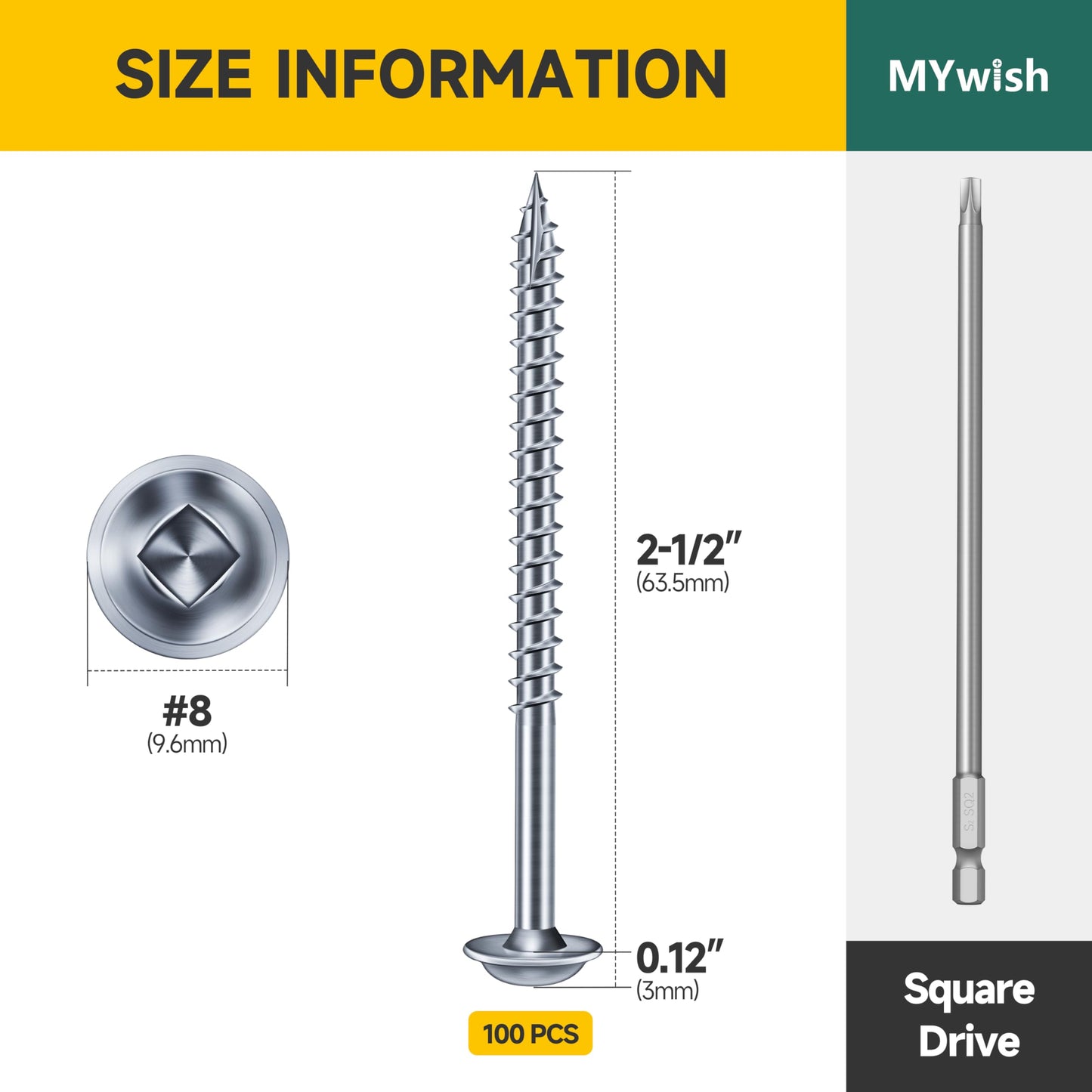 Mywish 100Pcs Pocket Hole Screws 2-1/2 Inch, Wood Screws #8 x 2-1/2" Washer Head Square Drive Self Tapping Pocket Screws, Zinc Plated, with 150MM Pocket Hole Drill Bit