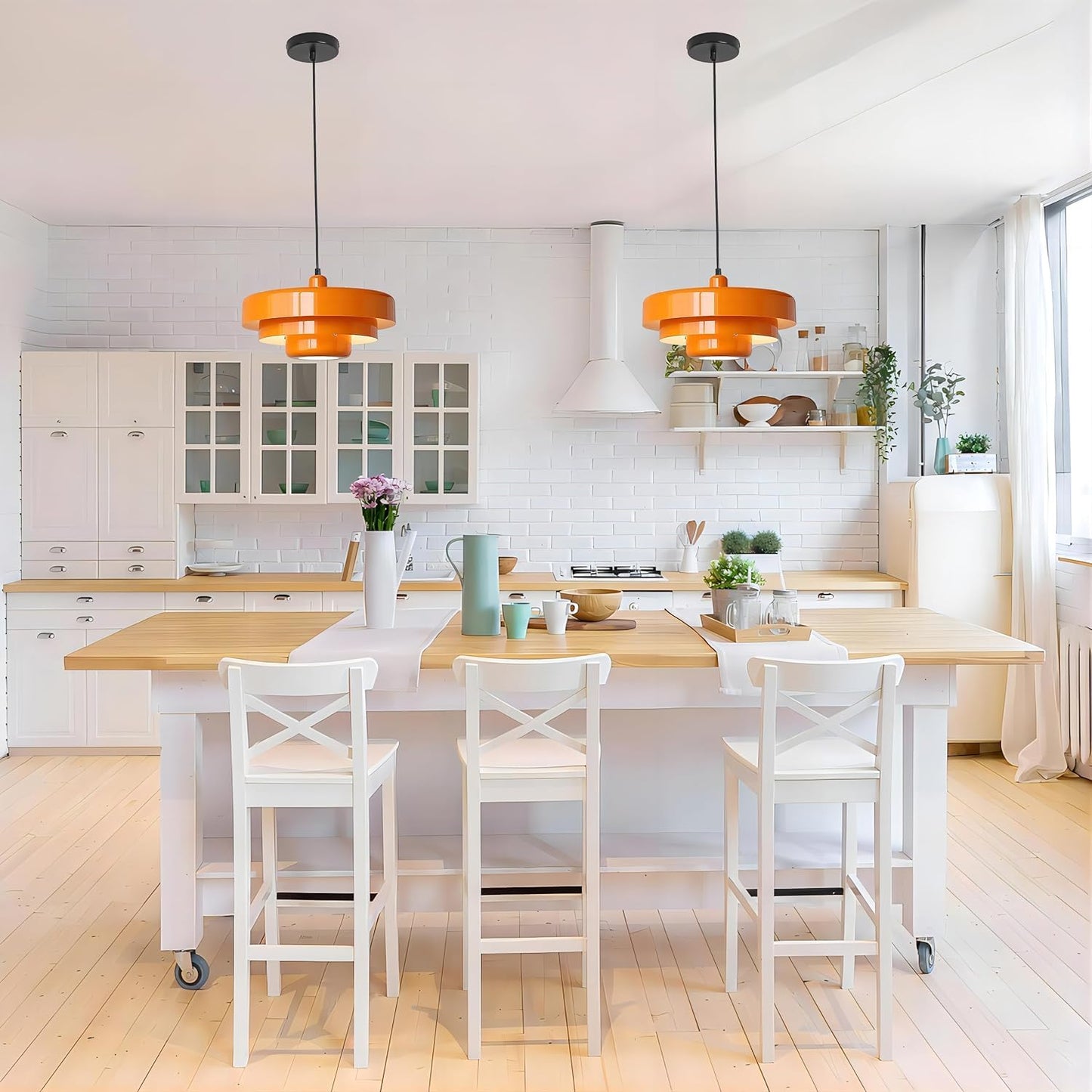 FCTWAKS Mid Century Pendant Light Fixtures 13.78 inch, 1 - Light Ceiling Pendant Lamp with 3-Layer Metal Shade, Height Adjustable, Vintage Orange Hanging Lamp for Kitchen Island Lighting,Dining Room