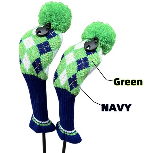 CHILXE 3pcs Knit Golf Headcovers, Driver & 2 Fairway Woods, Green & Blue, Pom Pom, Polyester