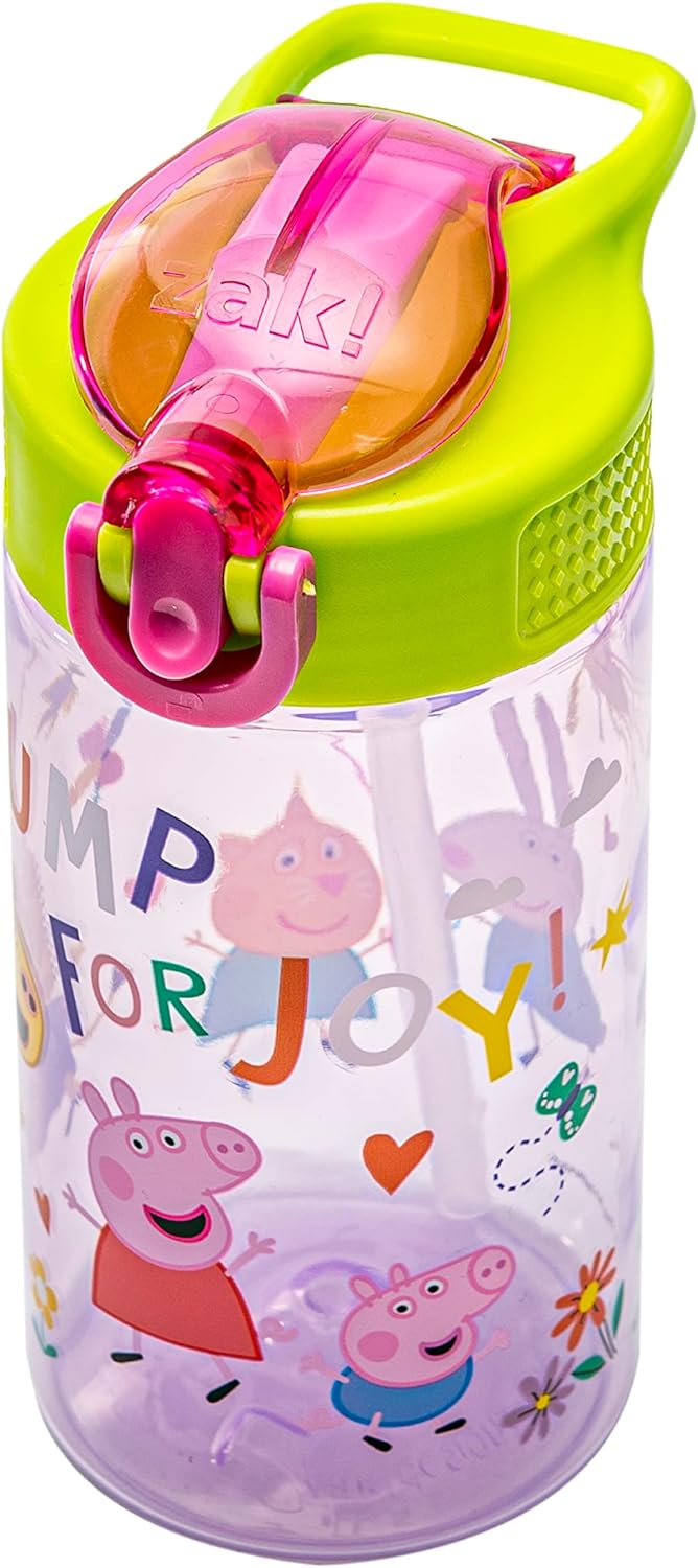 Zak Designs Peppa Pig Kids Water Bottle - 16oz Durable Plastic with Straw, Handle & Leak-Proof Design