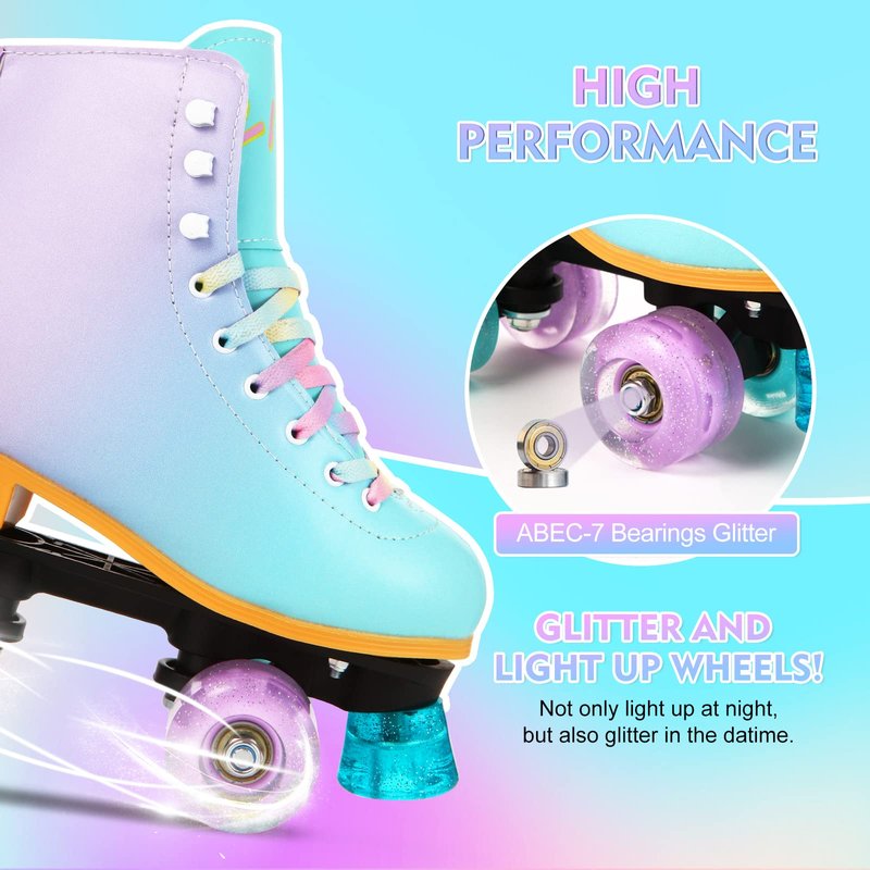 LIKU Quad Roller Skates for Girl and Women with All Wheel Light Up,Indoor/Outdoor Lace-Up Fun Illuminating Roller Skate for Kid (Purple, J12-J13)
