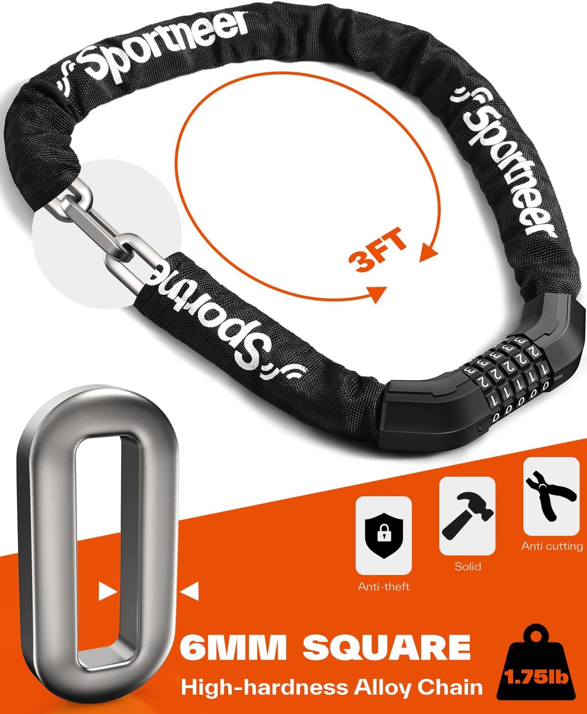 Sportneer Bike Chain Lock - Heavy-Duty 5-Digit Resettable Anti-Theft Lock | 3.2ft Length, 6mm Thick