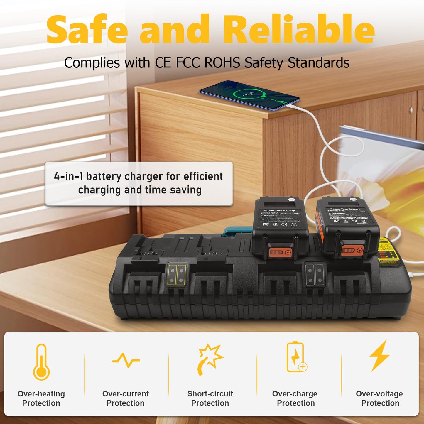 DCB104 4-Port Fast Charger for DeWalt 20V/60V Max Battery, with USB Port Compatible with DeWalt Battery 20V/60V DCB206 DCB208 DCB205 DCB606 DCB609Y DCB612 & Charger DCB104 DCB107 DCB115 DCB118