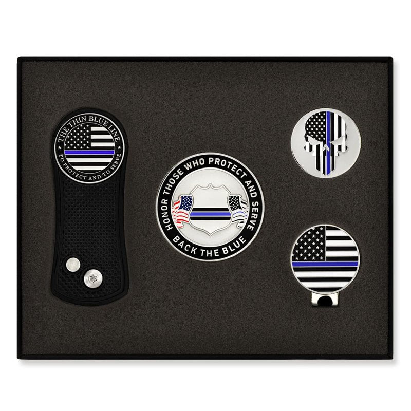 PinMart's Thin Blue Line Flag Golf Essentials Gift Set, Golf Divot Tool, Hat Clip, Magnetic Ball Markers, Large Ball Marker with Presentation Box - Gifts and Accessories for Men and Women