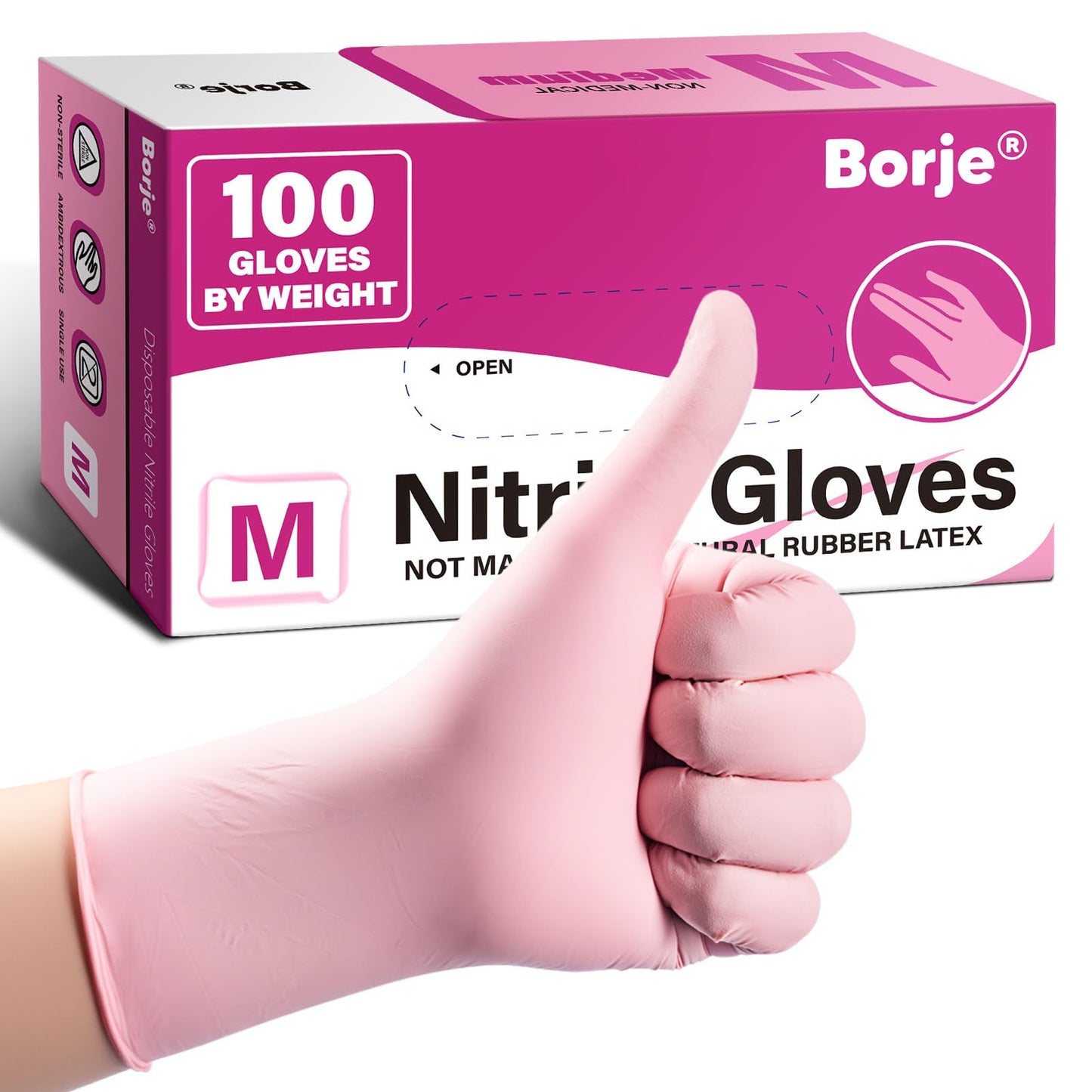 Borje Light-Duty Nitrile Disposable Gloves, 100 Count, Pink, Medium, Latex & Powder-Free, Food Safe, Esthetician, Cleaning, Cooking