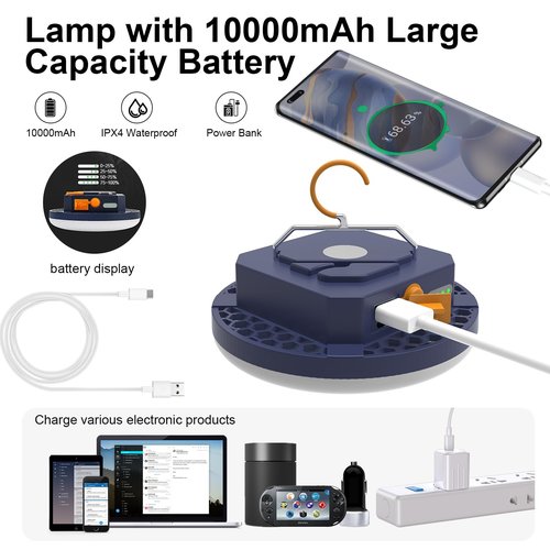 AODOO 10000mAh Rechargeable Camping Light Insect Not Attract 4000LM Work Light White/Red/Pink/SOS Brightness Stepless Dimming, IP45 Waterproof Tent Light Power Failure for Halloween (Standard)