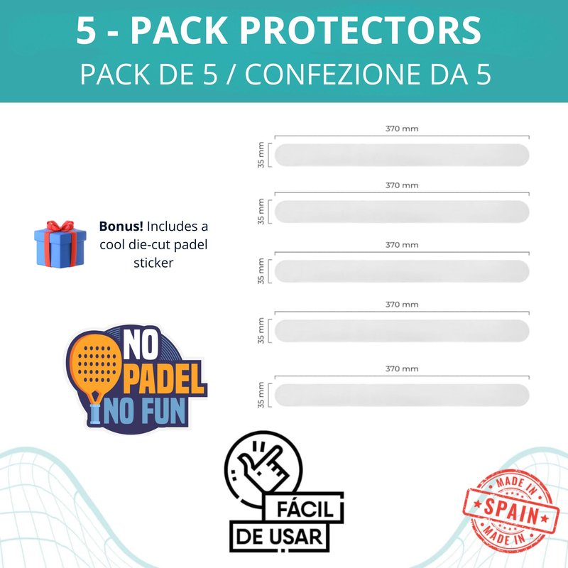 Transparent Padel Racket Protector Made in Spain + Free Die-Cut Sticker - Rough & Lightweight Frame Tape - Easy to Replace - Padel Accesories Dimensions 3.5x37cm/1.38x14.57in. (Pack of 5)