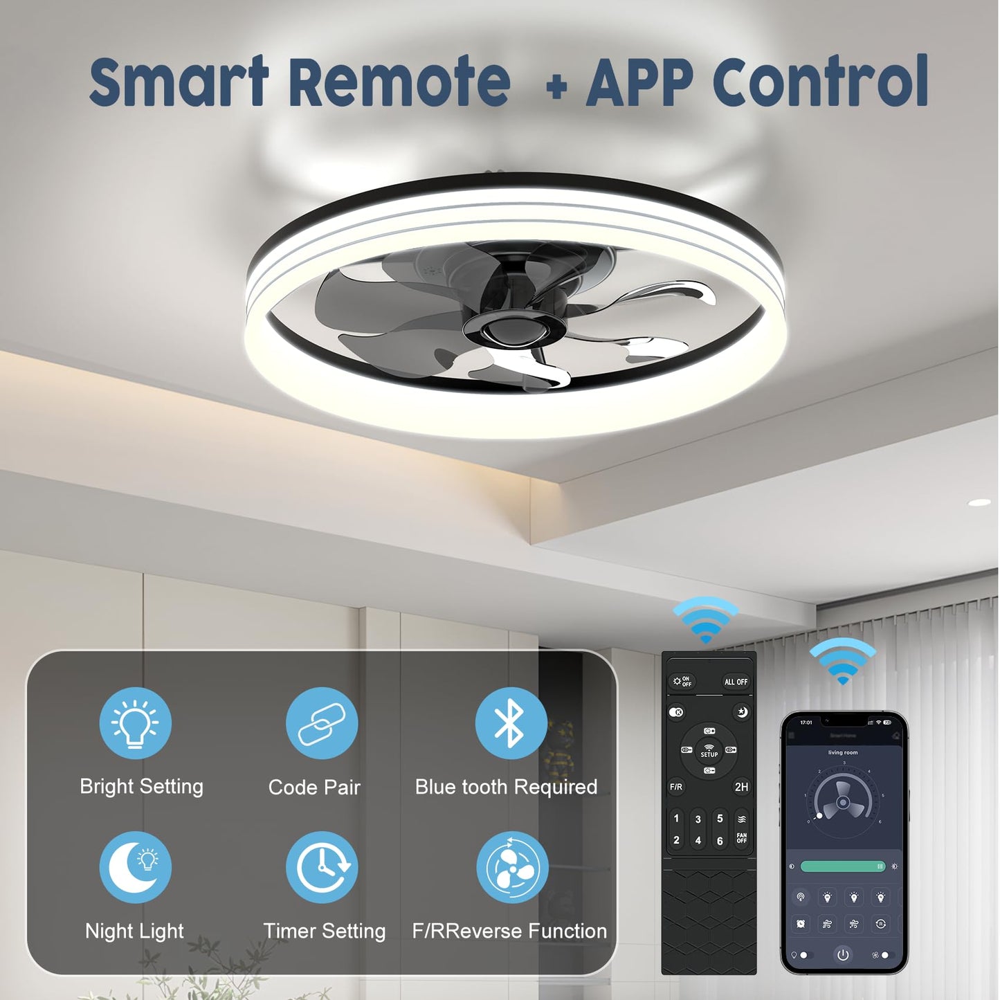 AIKVSXER Ceiling Fan with Light,20" Flush Mount Ceiling Fan,6 Speeds,3000-6500K Dimmable LED, App & Remote Control, Quiet DC Motor, for Bedroom, Living Room Modern Ceiling Fans with Lights(Black)