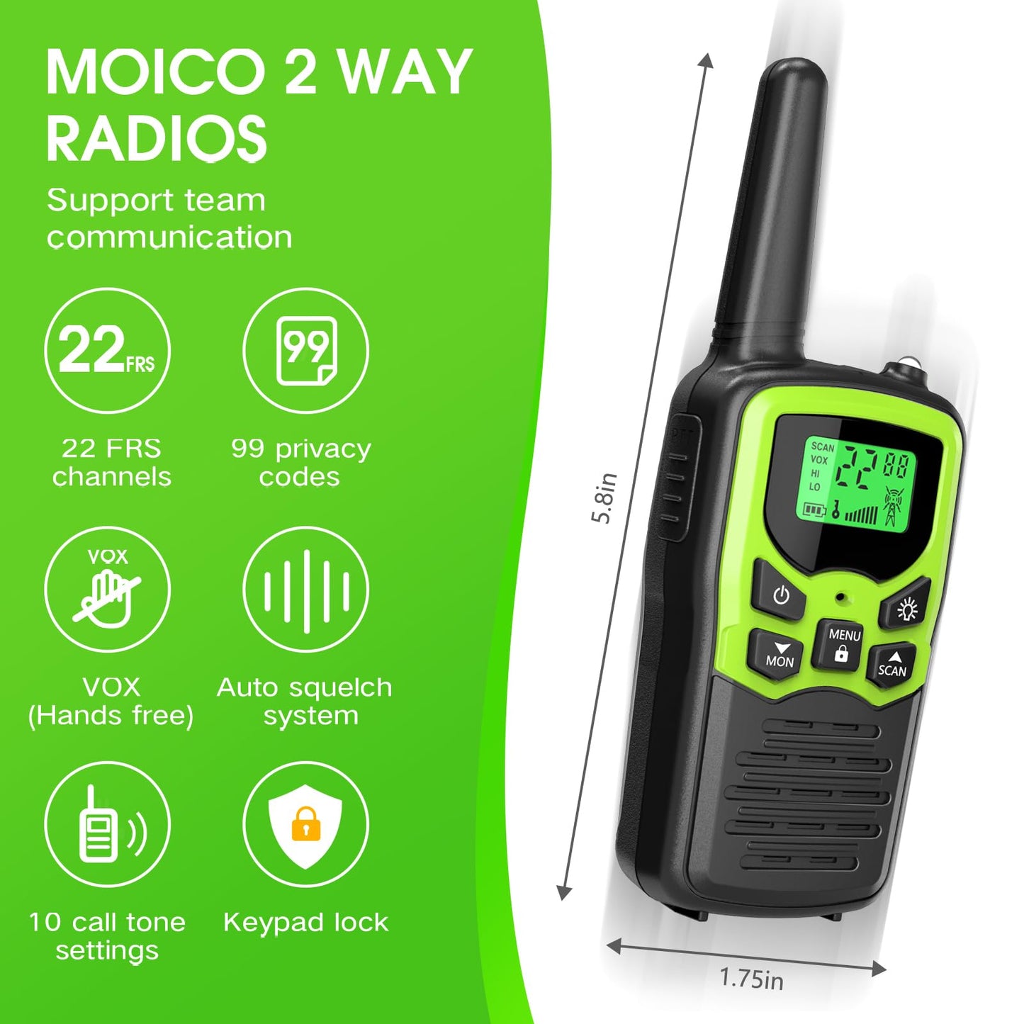 Walkie Talkies,MOICO Long Range Walkie Talkies for Adults Two-Way Radios with 22 Channels FRS VOX Scan LCD Display with LED Flashlight for Field, Survival Biking Hiking Camping 2 Pack (Green)