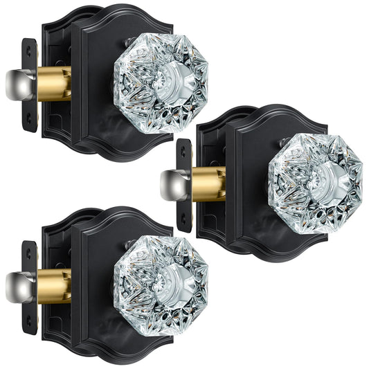 Calzibeno 3 Pack Glass Door Knobs, Black Crystal Door Knobs Interior with Lock for Privacy Use, Antique Octagonal Glass Doorknobs for Bedroom Bathroom Interior Doors