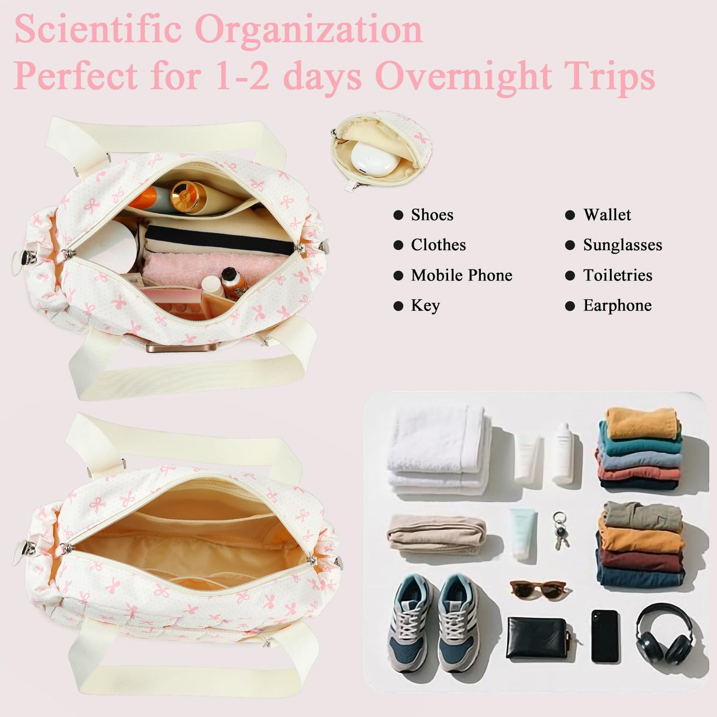 CAMTOP Mini Gym Bag for Women, Small Gym Tote Bag Puffy Quilted Sports Duffel Bag with Wet Compartment and Coin Purse Duffel Bags Dance Yoga Workout Bag for Gifts (Beige Pink Bow, Mini-12.6")