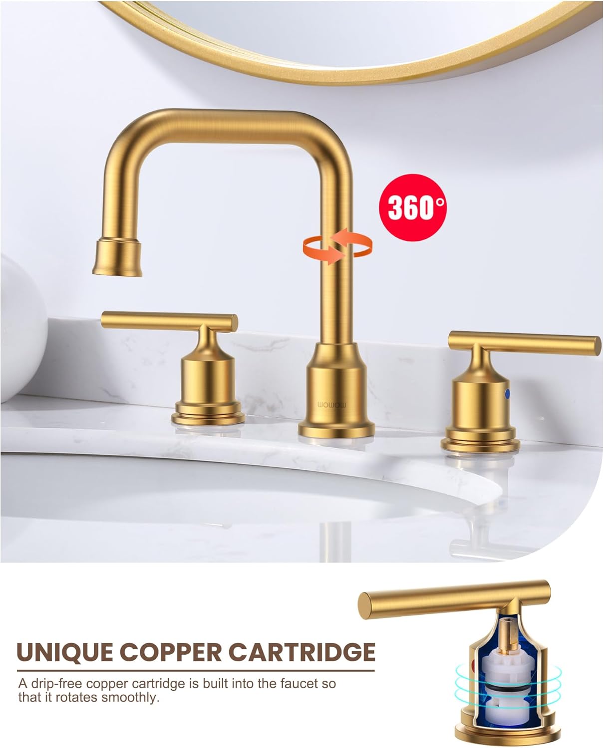 Brushed Nickel 8-Inch Widespread Bathroom Faucet with 360° Swivel Spout - Modern 2 Handle Lavatory Sink Fixture