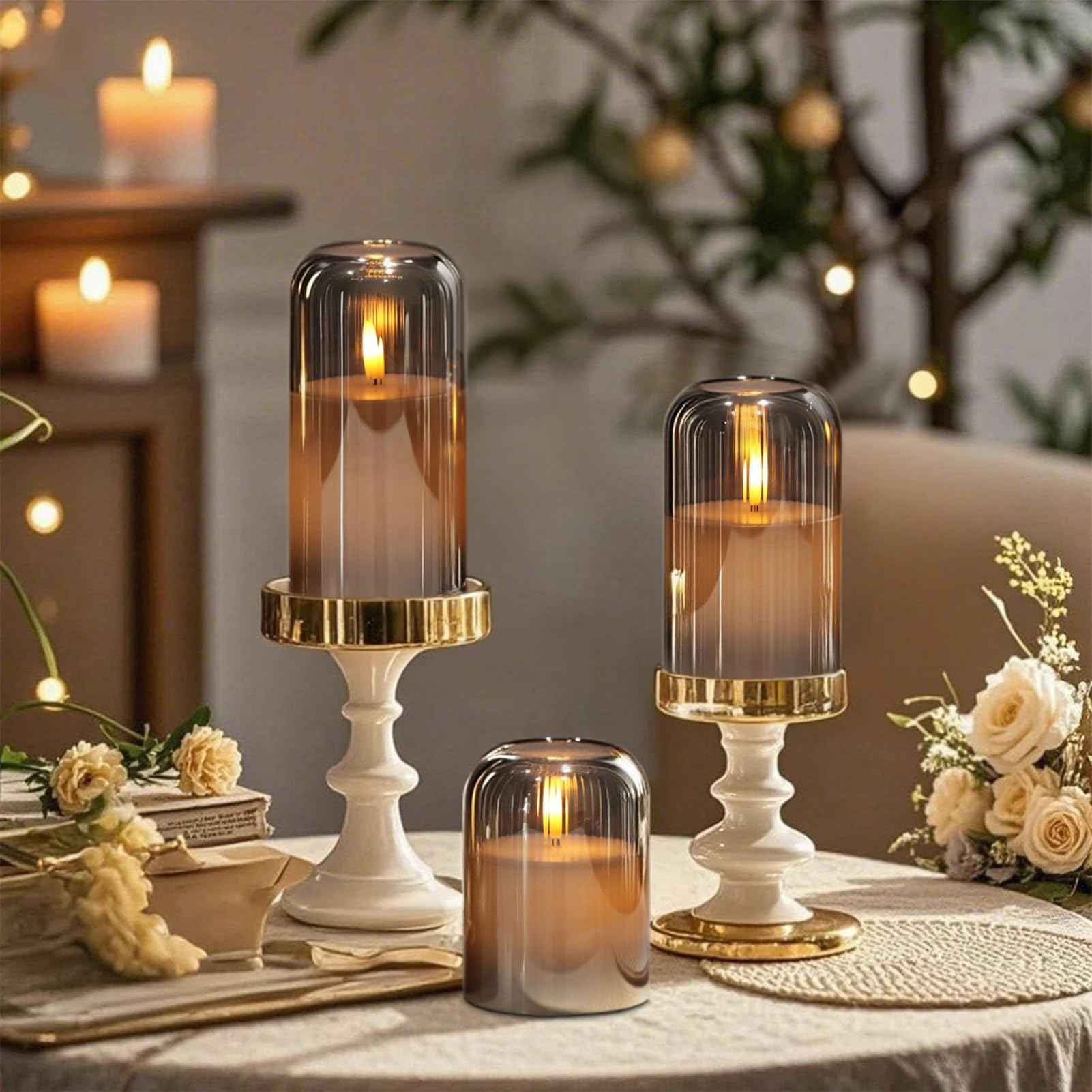 Eldnacele Black Glass Flameless Candles with Remote and Timer, Battery Operated 3D Wick Flickering LED Pillar Candles for Dinner Wedding Holiday Decor (3Pcs, D3×H4/5"/6")