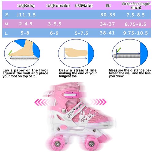 Adjustable Roller Skates for Girls & Kids, 4 Sizes, All Wheels Light Up, Fun Illuminating, Beginner-Friendly, Small(12J-2), Pink