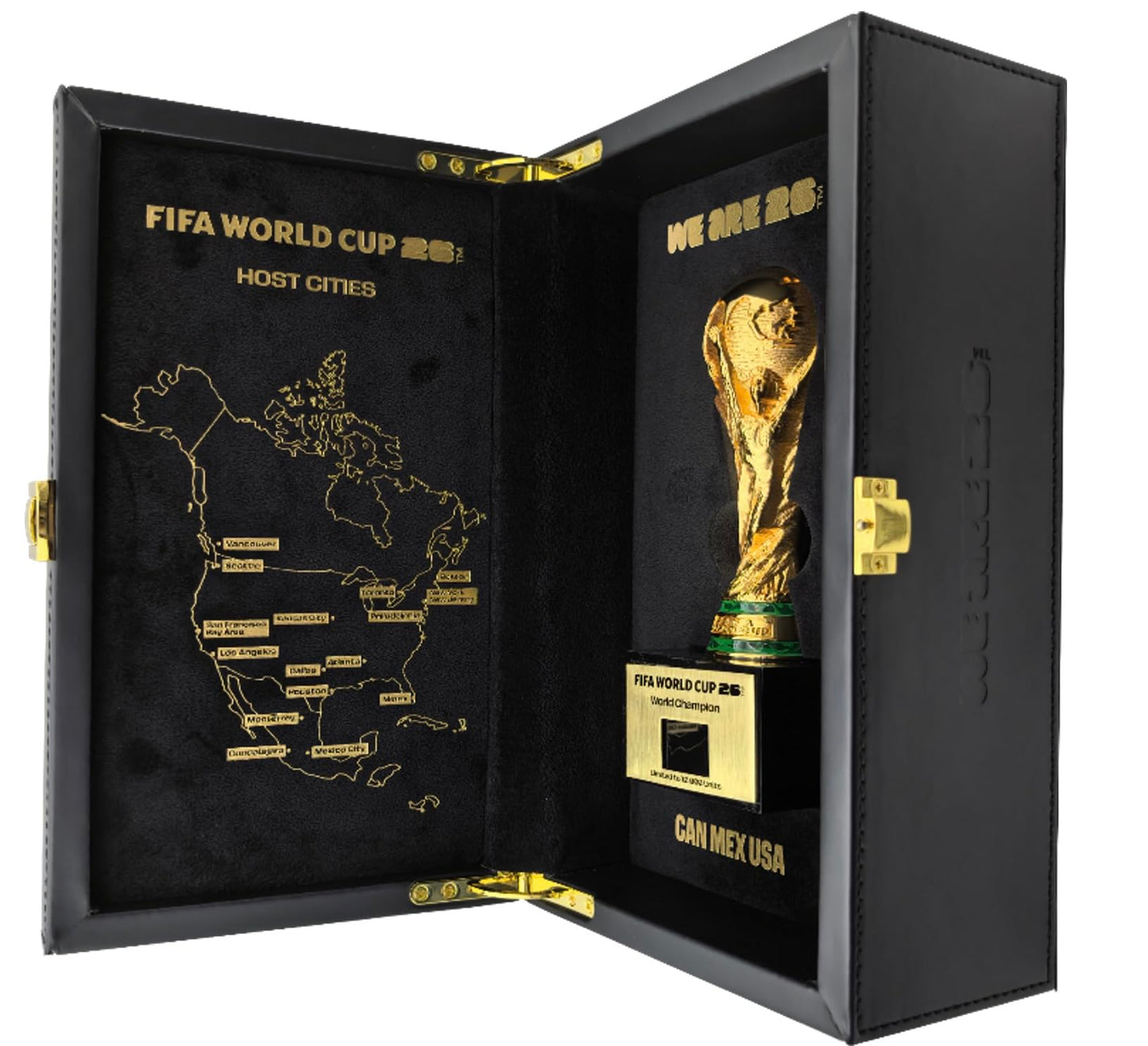Officially Licensed FIFA World Cup 2026 3D Trophy Replica with DIY Champion Flag – Luxury Wood & Leather Display Box Featuring 16 Host Cities Map – Limited Edition (10,000 Globally)