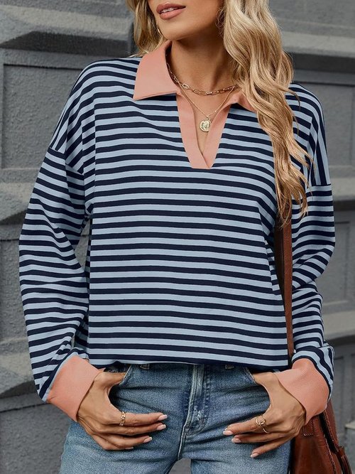 DMOYALA Striped Sweatshirt - Women's Long Sleeve Polo V-Neck Oversized Fall Top | Trendy Y2K Style