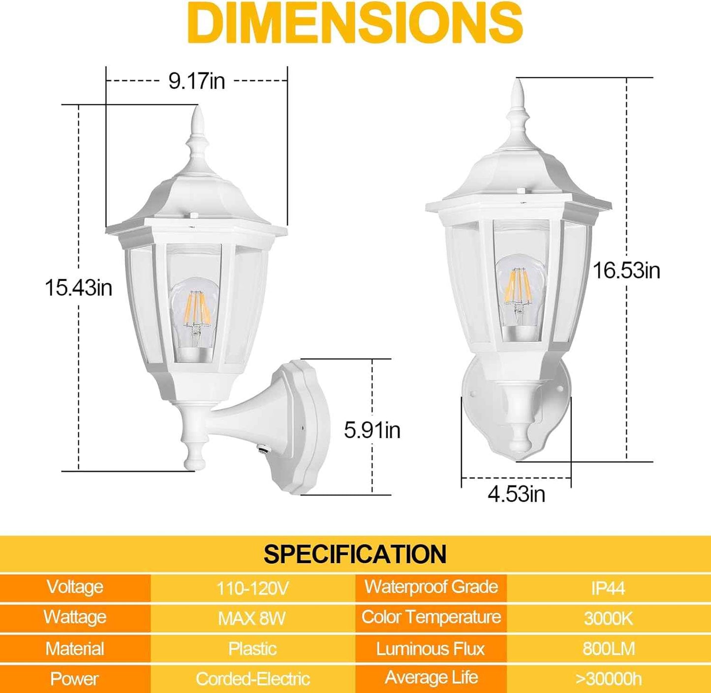 Outdoor Wall Light with Dusk to Dawn Sensor - 2-Pack LED Lanterns for Porch & Garage