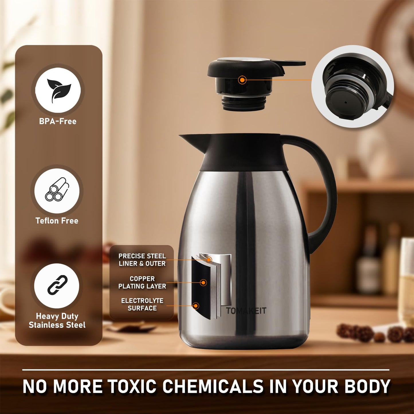 Thermal Coffee Carafe, 2L/68 Oz Stainless Steel Vacuum Insulated Thermoses, Double-Wall Design, 24-Hour Hot & Cold, Leak-Proof, Portable for Travel,Camping,Office