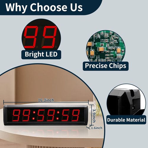 Large Digital Wall Clock by [Brand Name] - LED Stopwatch Timer with Remote Control | 12/24 Hour Format, Red (16.3" x 3.9")