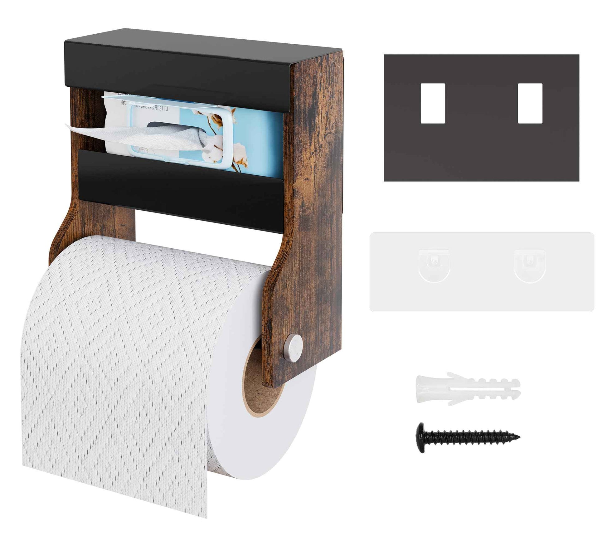 TQVAI Toilet Paper Roll Holder Wall Mounted Self Adhesive No Drill Magnetic Toilet Paper Storage with Wipes Holder for Bathroom, Restroom, Kitchen, Regular Super Double Mega Roll - Vintage/Black