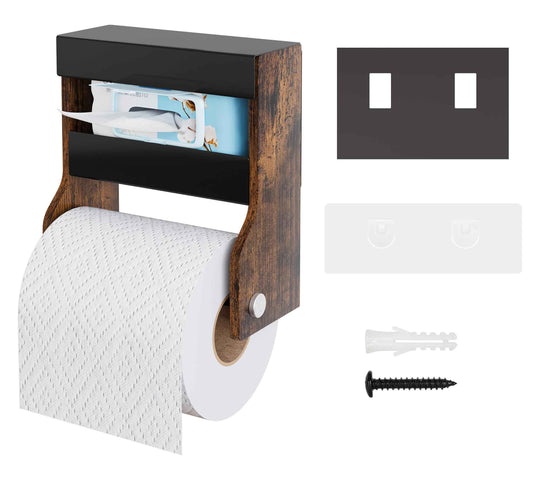 TQVAI Toilet Paper Roll Holder Wall Mounted Self Adhesive No Drill Magnetic Toilet Paper Storage with Wipes Holder for Bathroom, Restroom, Kitchen, Regular Super Double Mega Roll - Vintage/Black