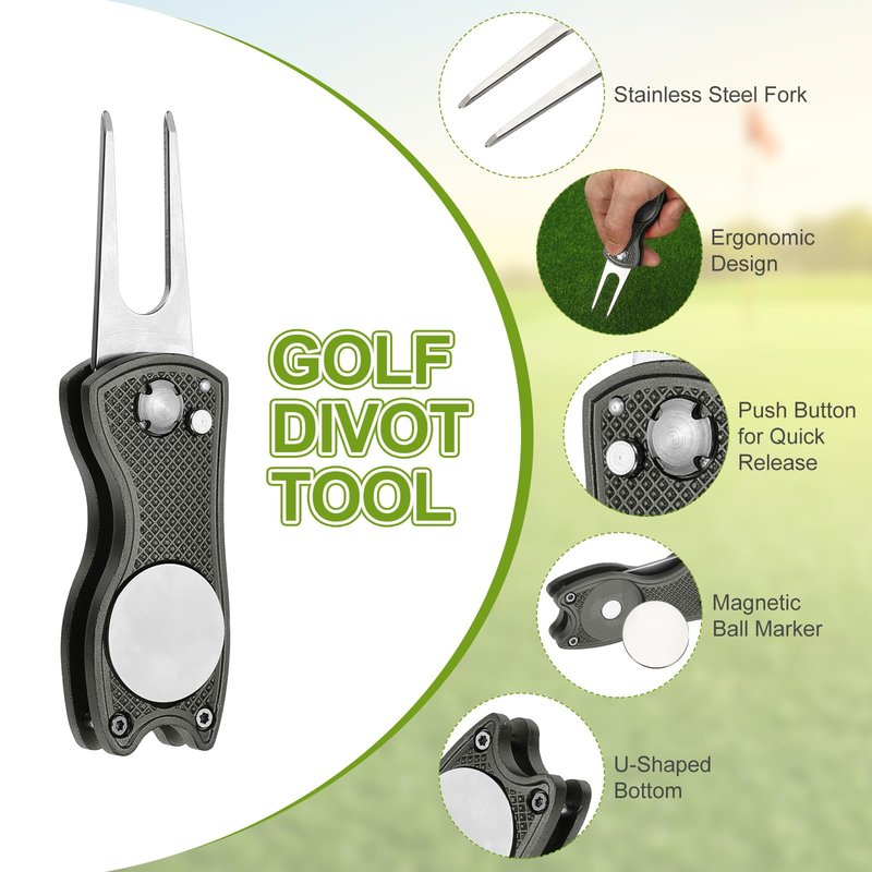 PATIKIL Golf Divot Repair Tool, 4 Pack Foldable Metal Golf Green Divot Tool with Magnetic Ball Marker & Stainless Steel Fork for Golfer, Grey